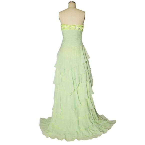 Vtg Green US 4 S Gemstone Tiered Beaded High Low Ruched Bodice Prom Gown Dress - Picture 3 of 5